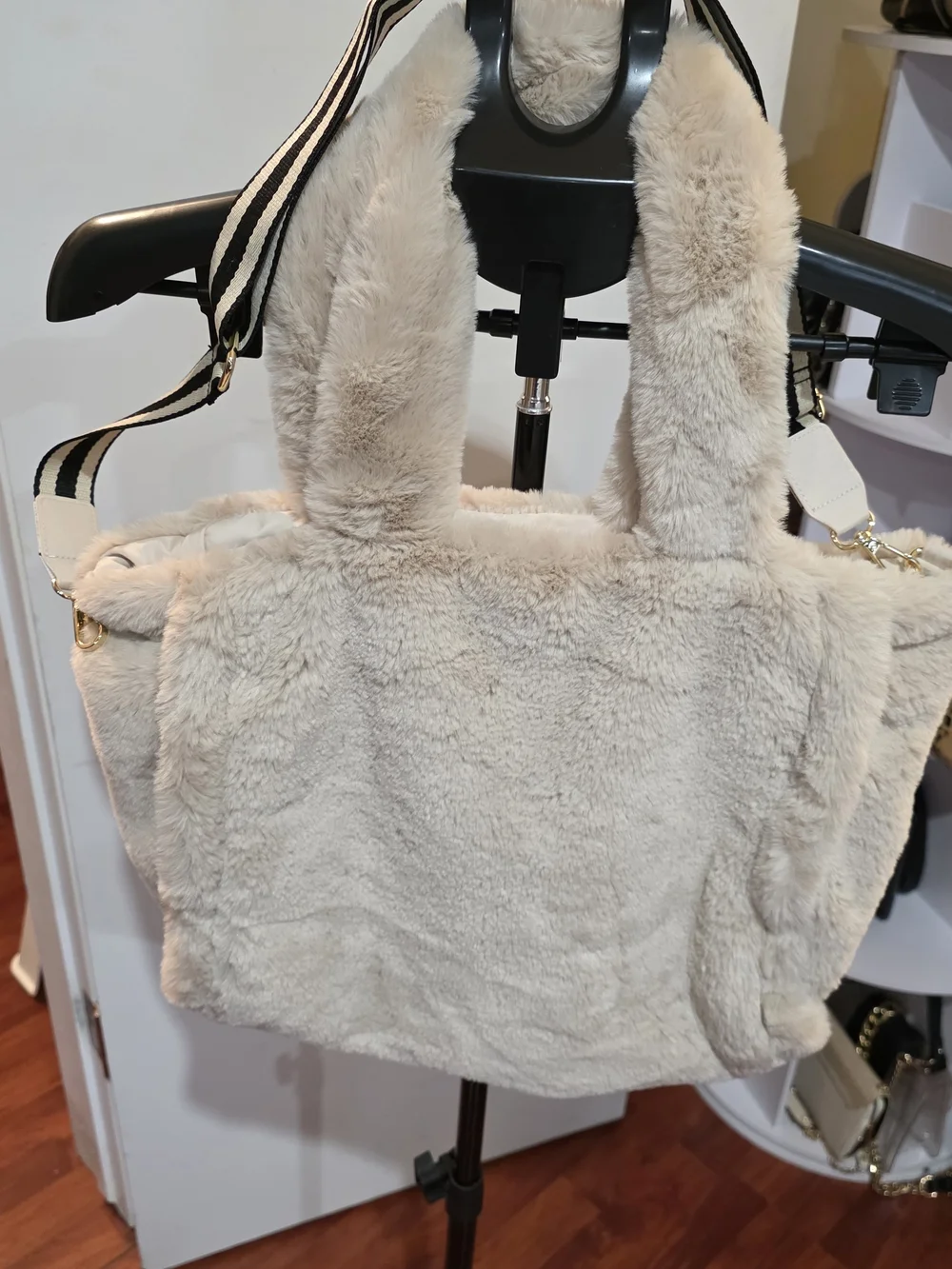 & Other Stories Plush Faux Fur Tote in Light Beige with Striped Strap